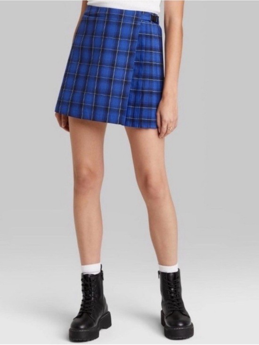 NWT Wild Fable Blue Plaid Mini Skirt with Belt Detail - Medium